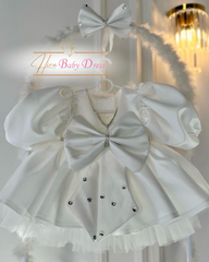 Beyaz Taşlı Kemer Detaylı Kız Bebek Elbisesi
