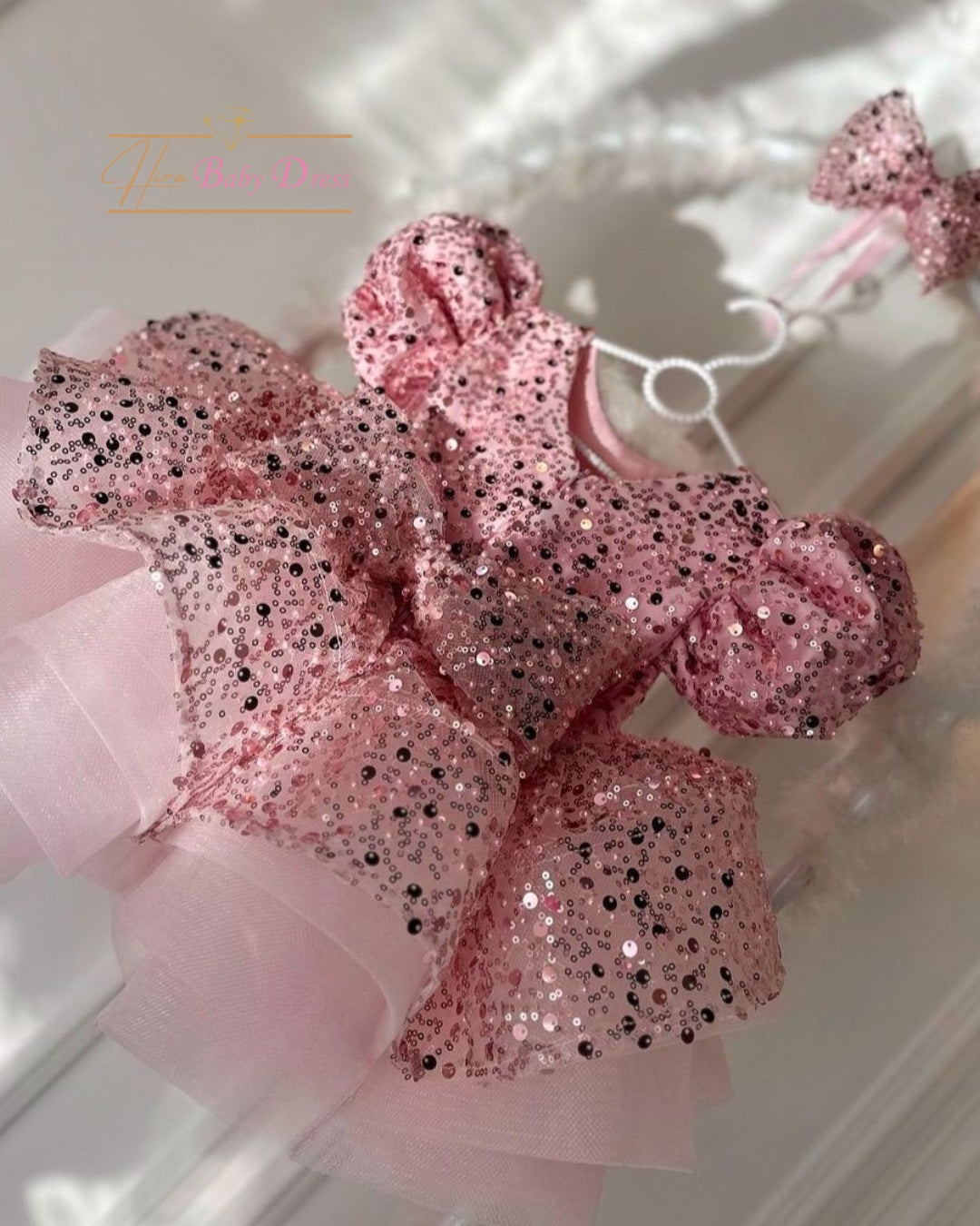 Juliet Koleksiyonu Pembe Balon Kollu Parıltılı Bebek Abiye