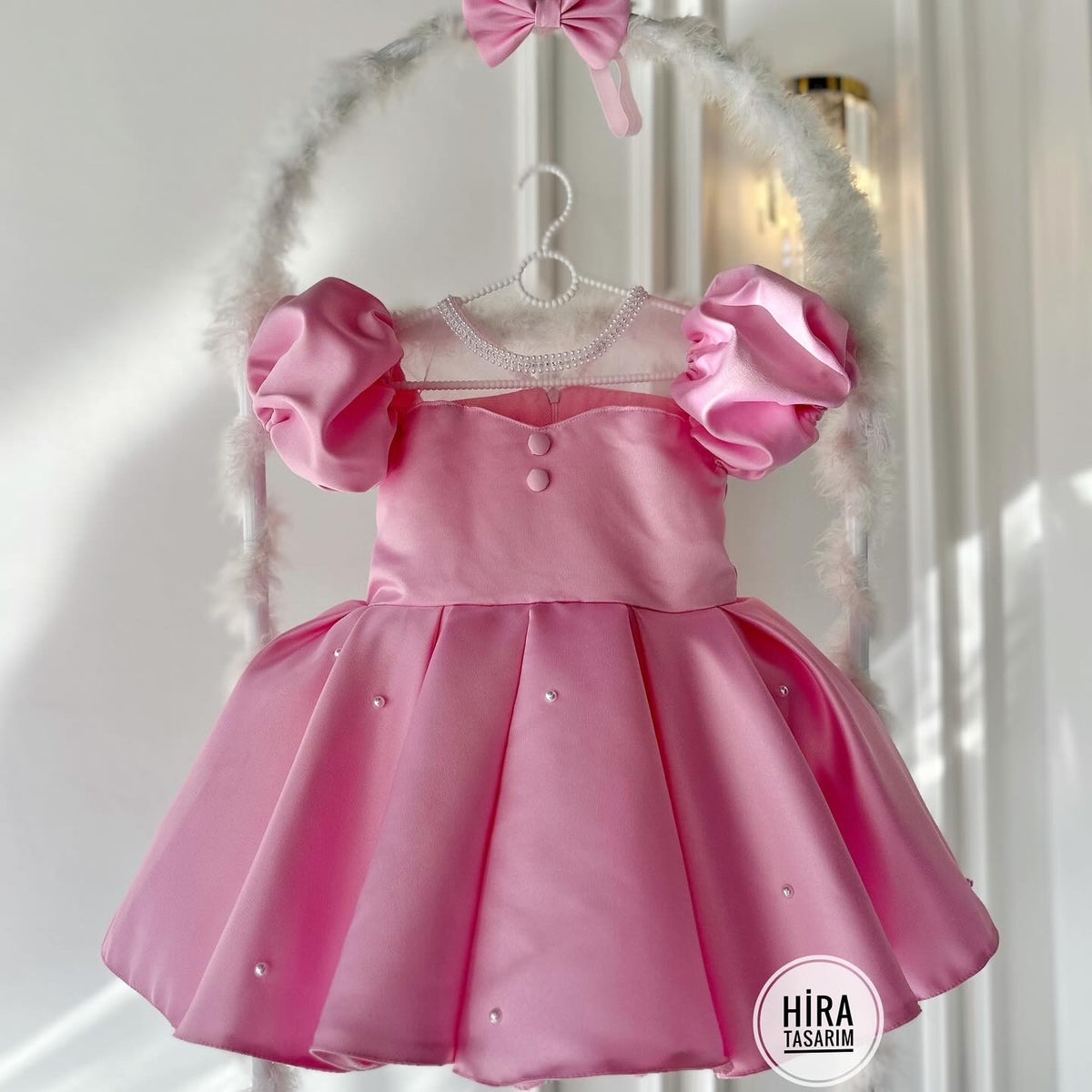 Prenses Tül Yaka Açık Pembe Bebek Abiyesi