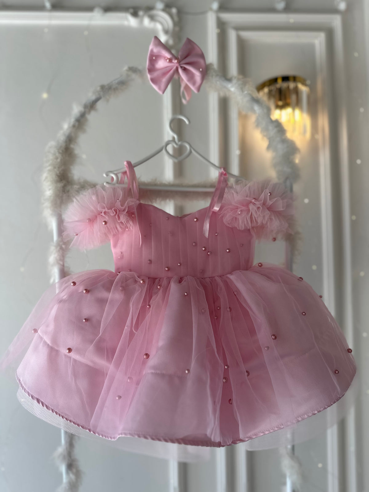 Prenses İnci Tül Askılı Açık Pembe Bebek Abiyesi