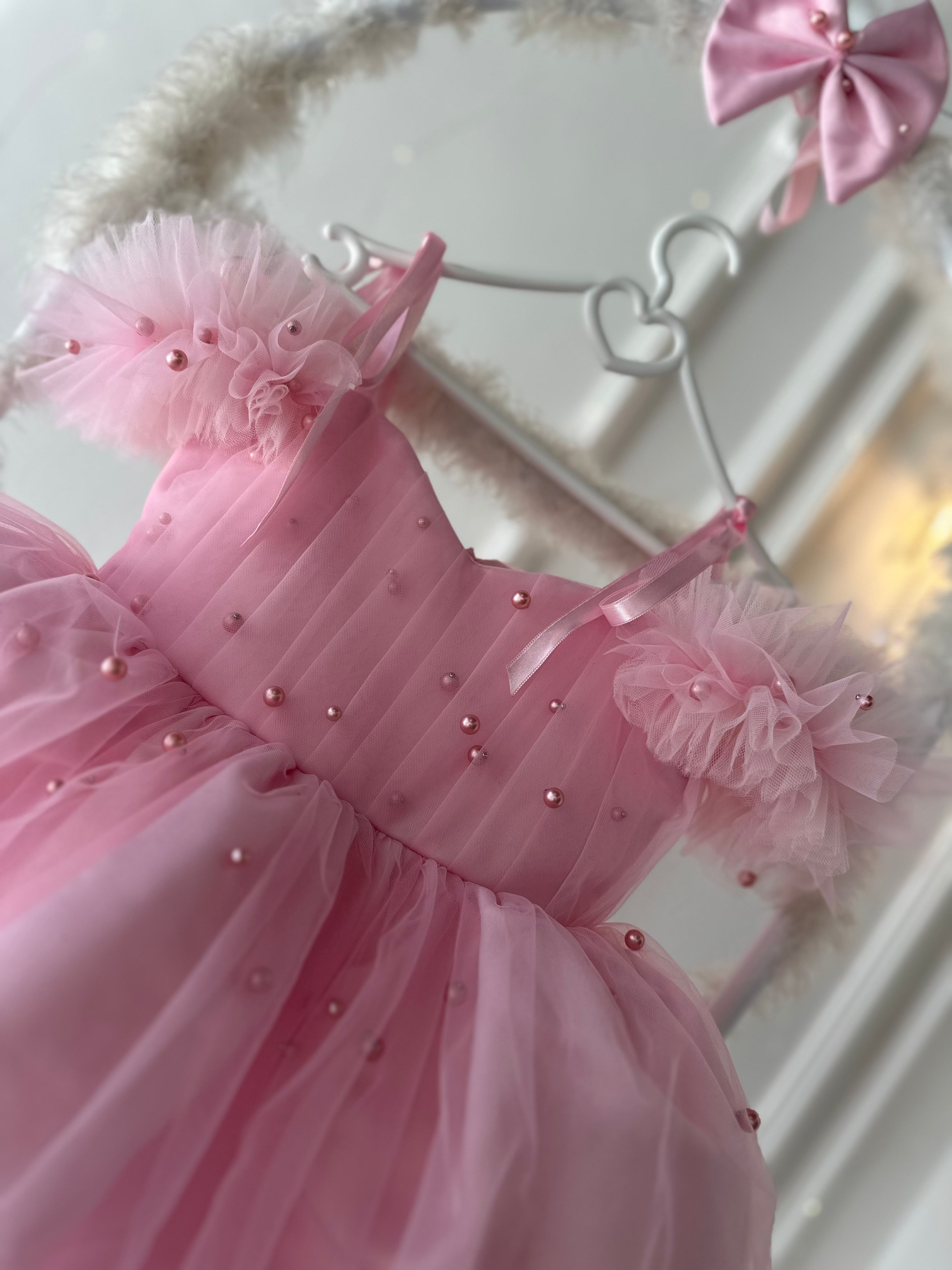 Prenses İnci Tül Askılı Açık Pembe Bebek Abiyesi