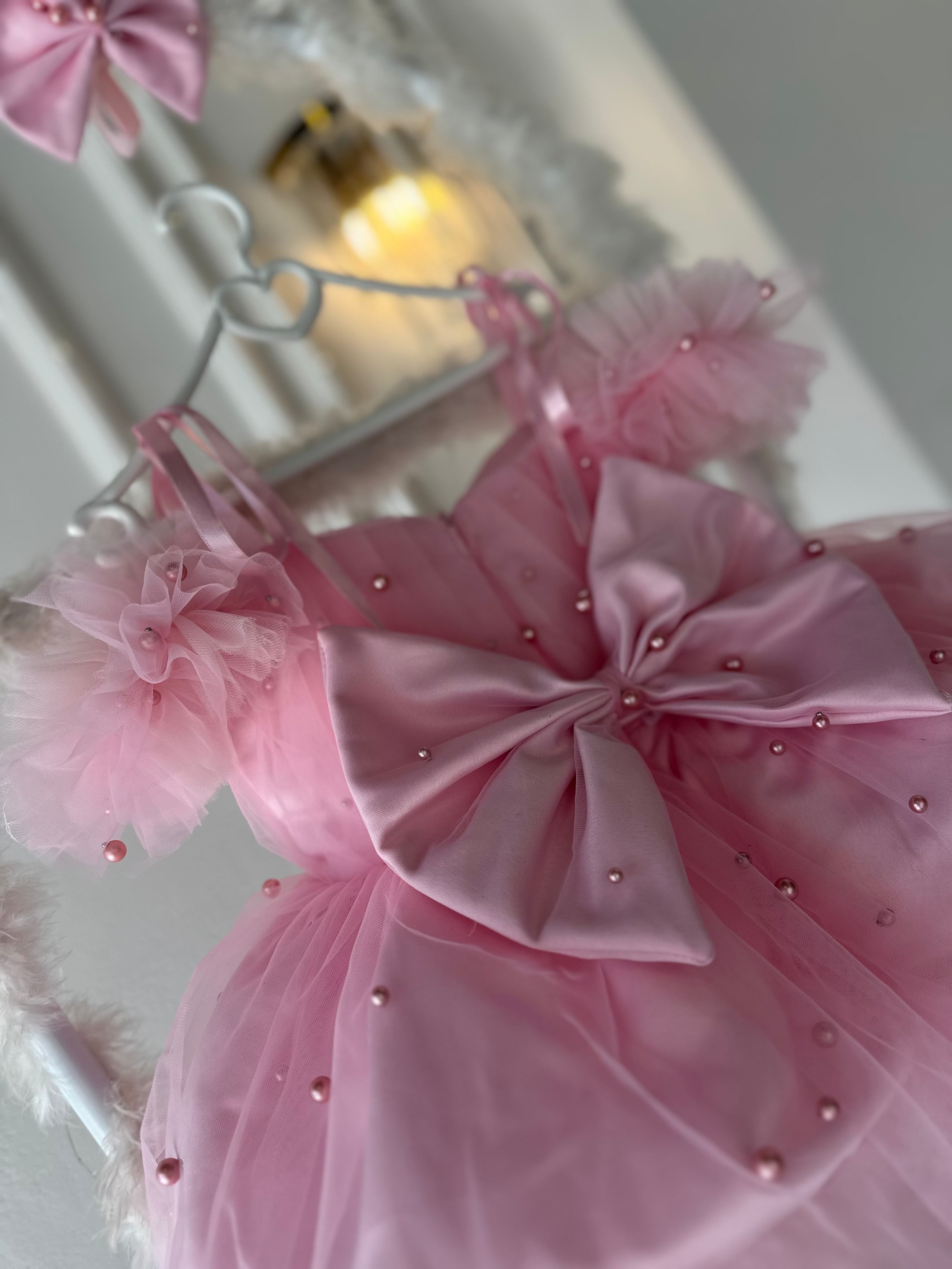 Prenses İnci Tül Askılı Açık Pembe Bebek Abiyesi