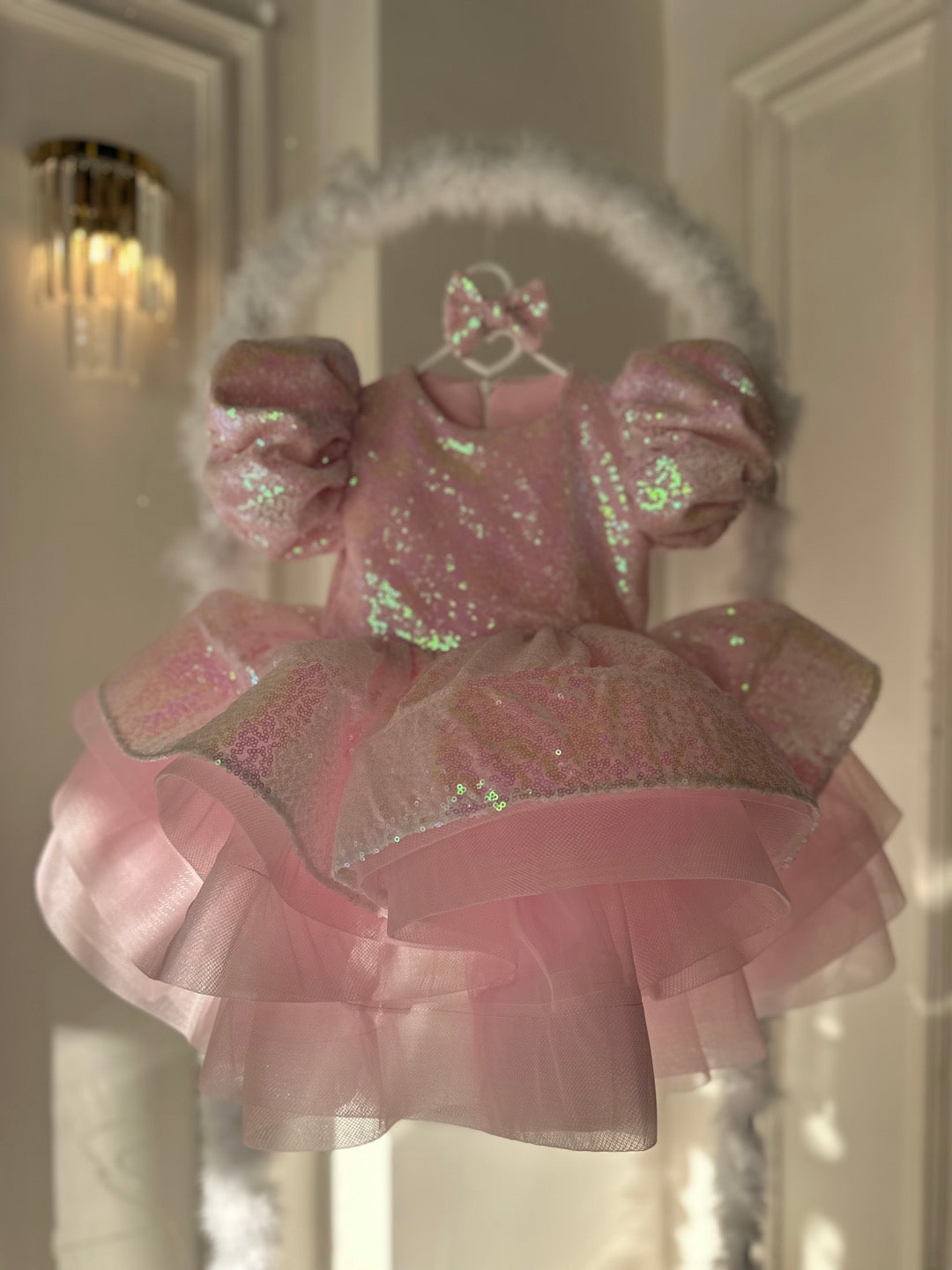 Prenses Payet Balon Kol Toz Pembe Bebek Abiyesi
