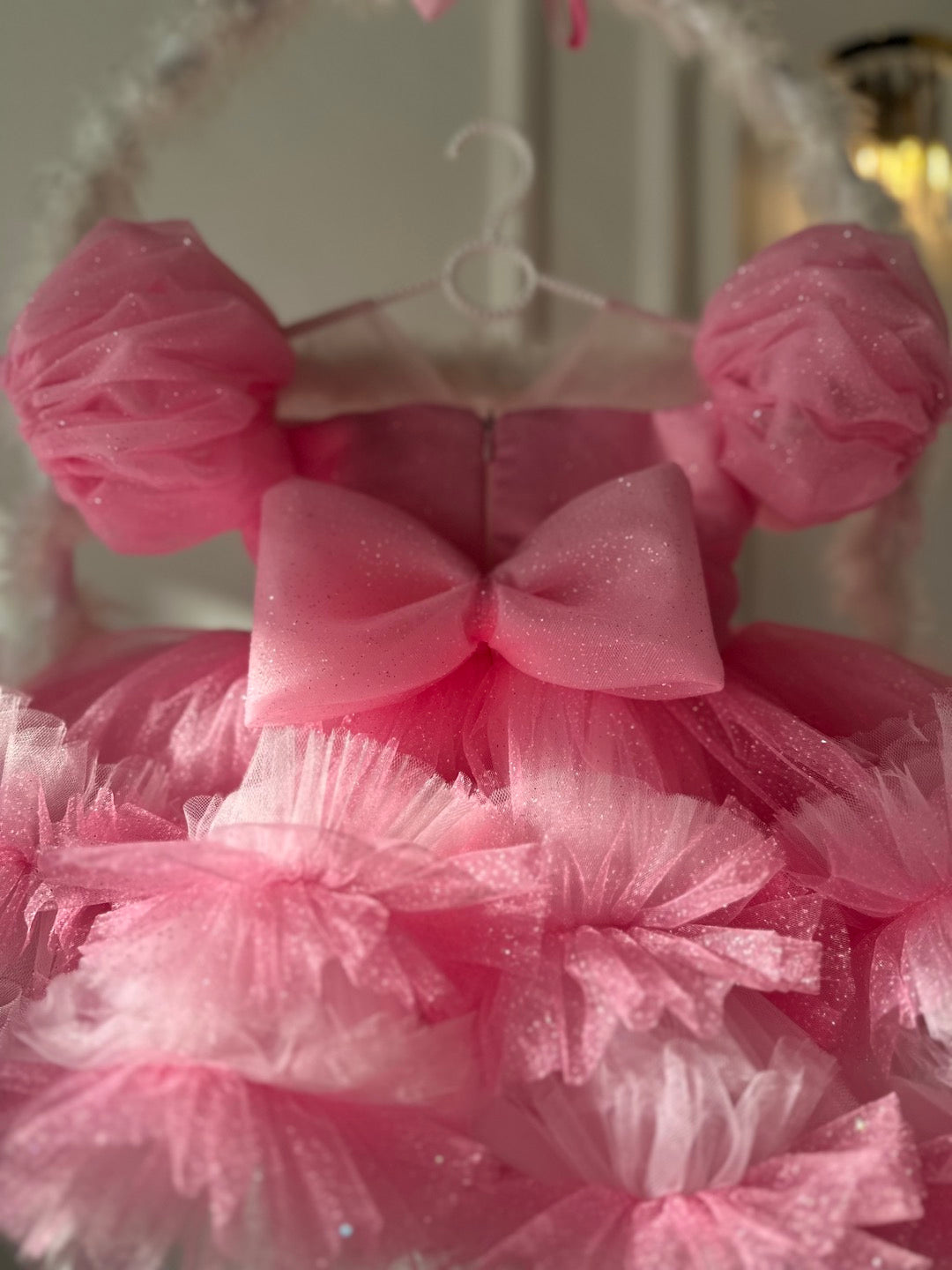 Prenses Taş Detay Simli Tül Balon Kol Açık Pembe Bebek Abiyesi