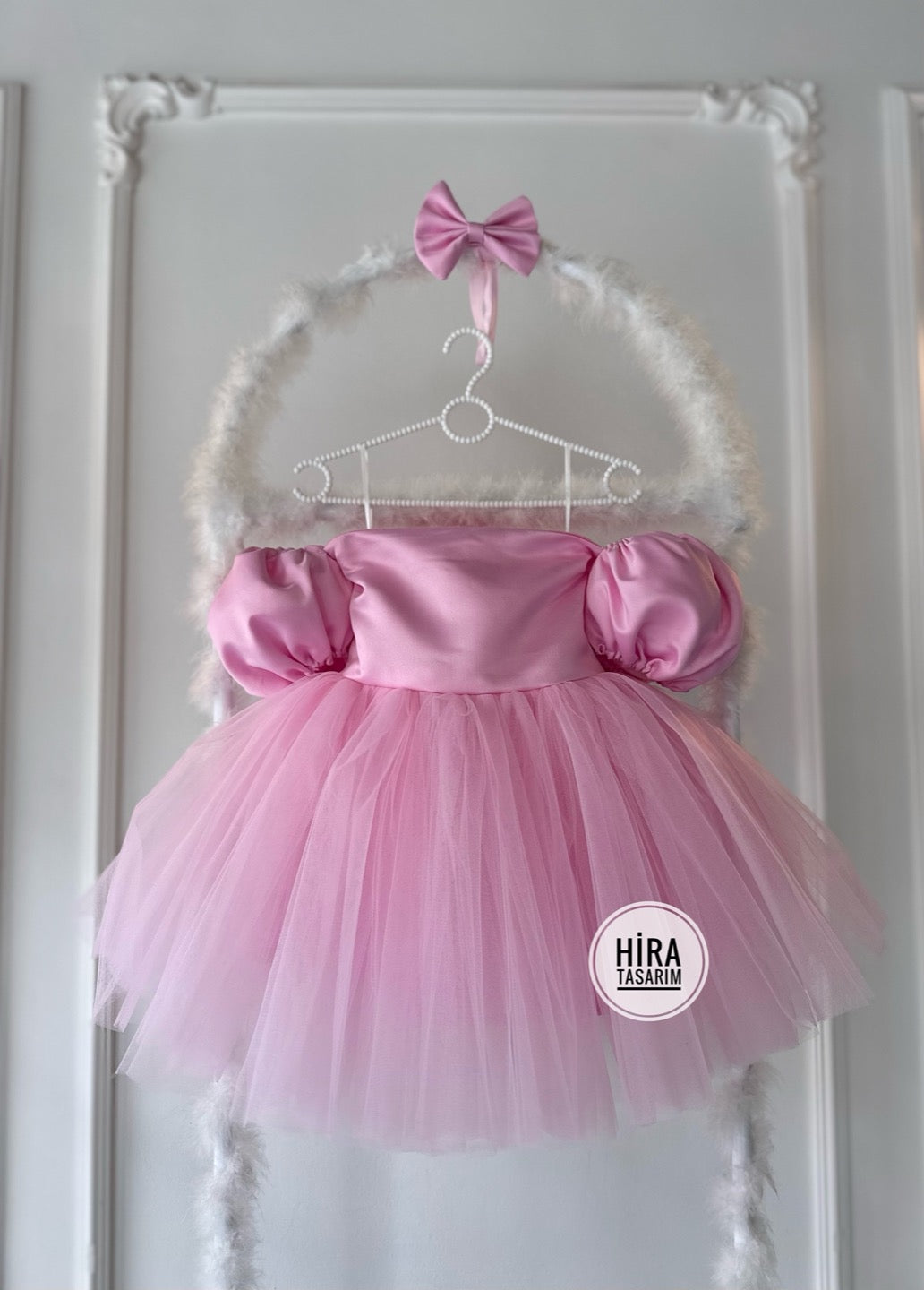 Prenses Açık Yaka Tül Pembe Bebek Abiyesi