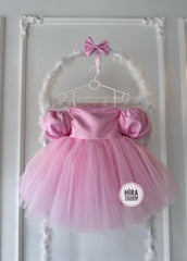 Prenses Açık Yaka Tül Pembe Bebek Abiyesi