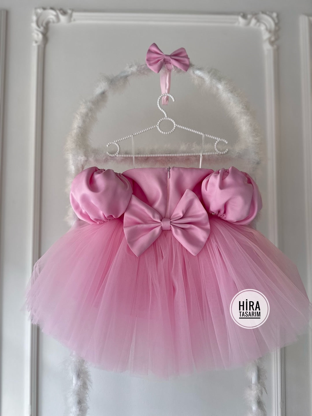 Prenses Açık Yaka Tül Pembe Bebek Abiyesi