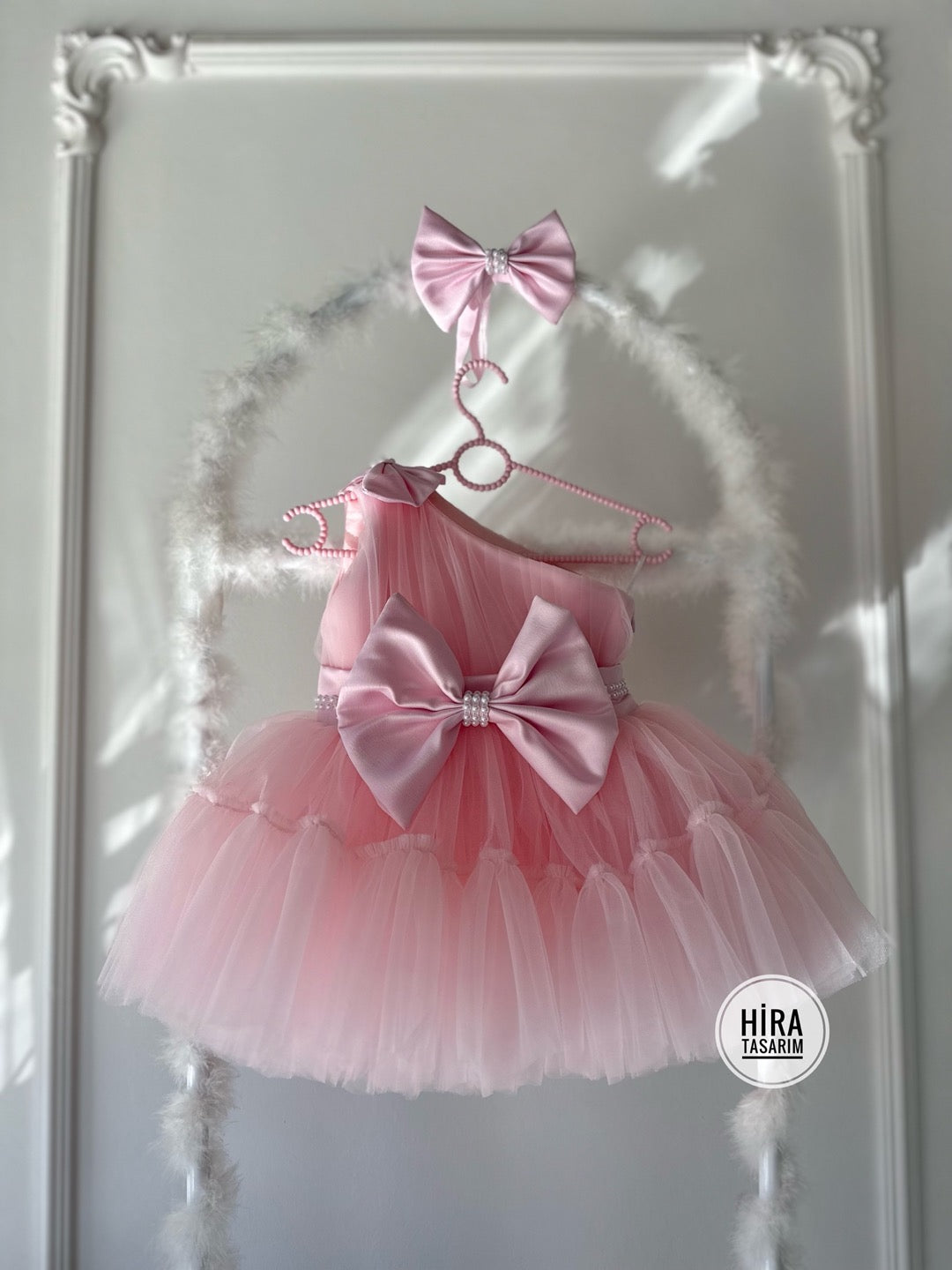 Prenses Tül Detay Tek Kol Toz Pembe Bebek Abiyesi