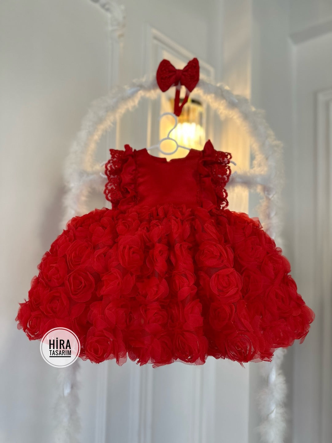 Fırfır Dantel Kırmızı Güllü Bebek Abiyesi