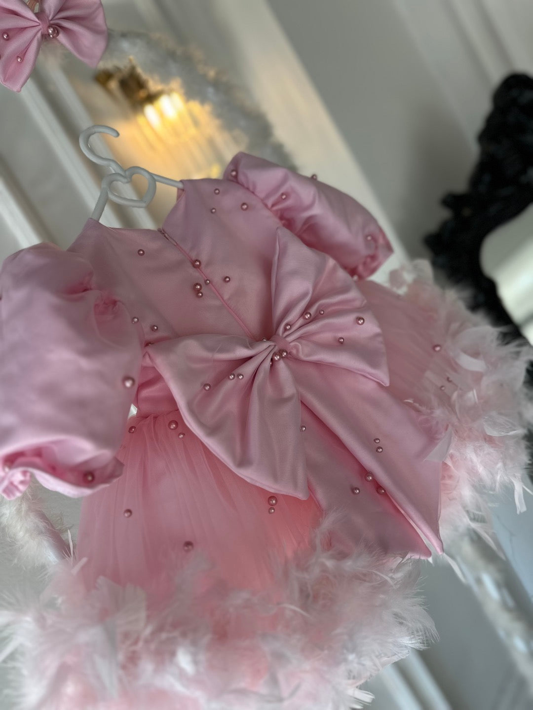Prenses İnci Tül Tüye Detay Toz Pembe Bebek Abiyesi