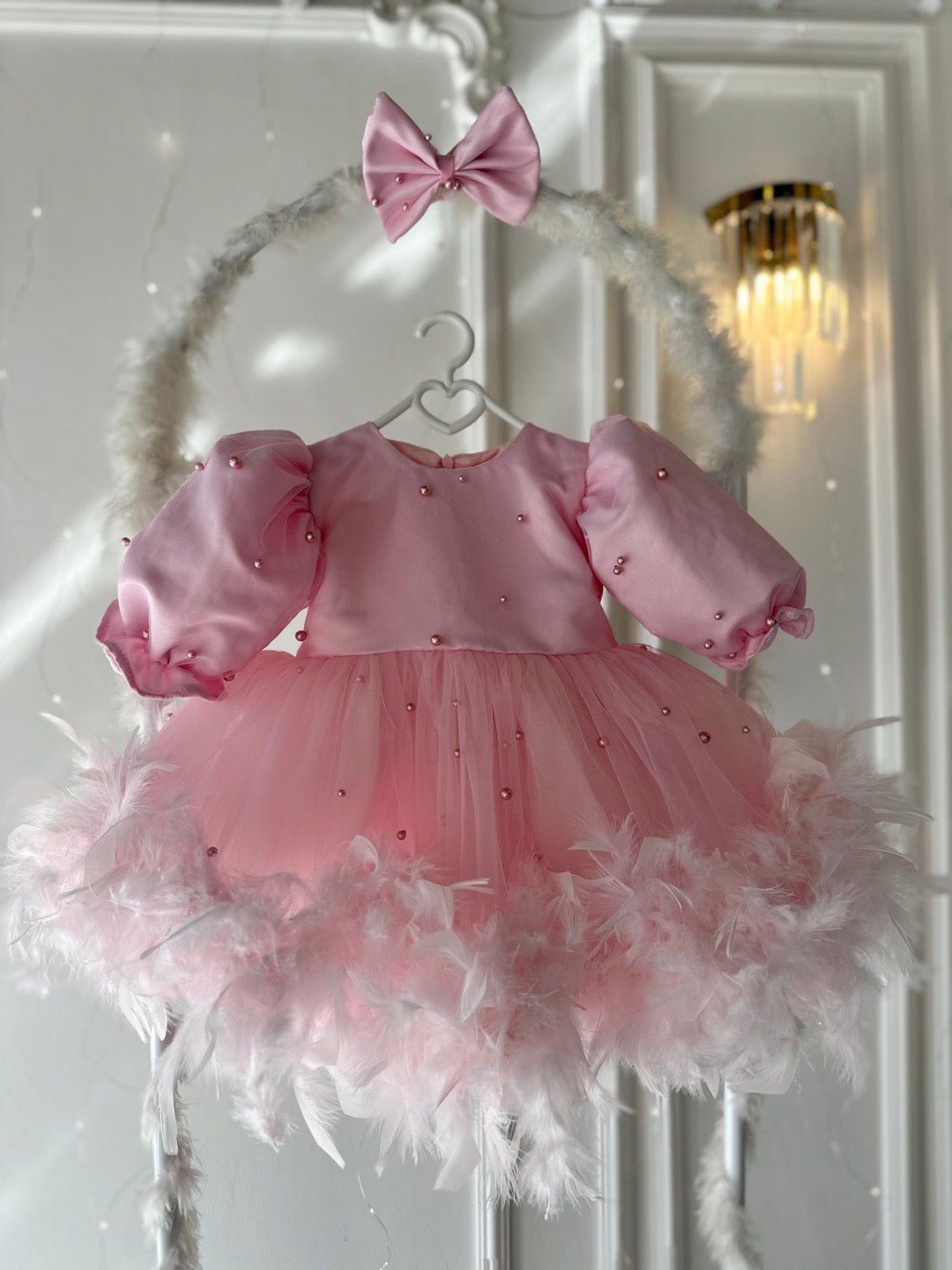 Prenses İnci Tül Tüye Detay Toz Pembe Bebek Abiyesi