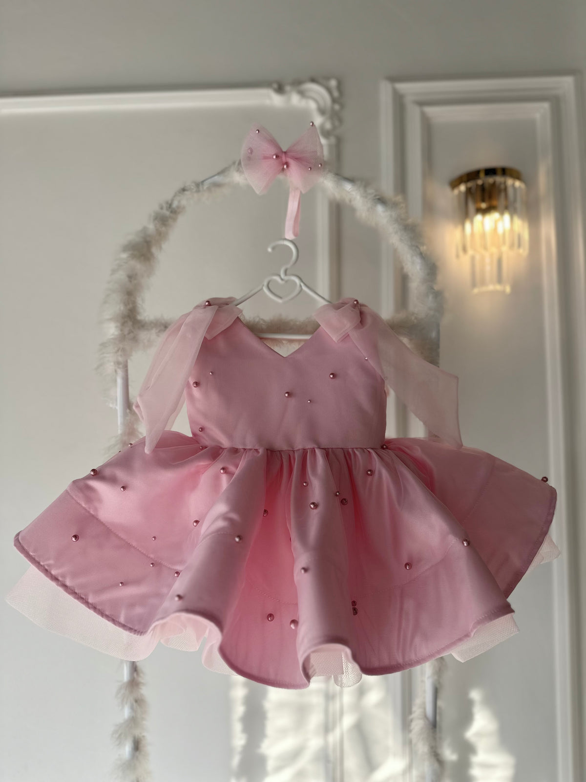 Prenses İnci Kolsuz Toz Pembe Bebek Abiyesi