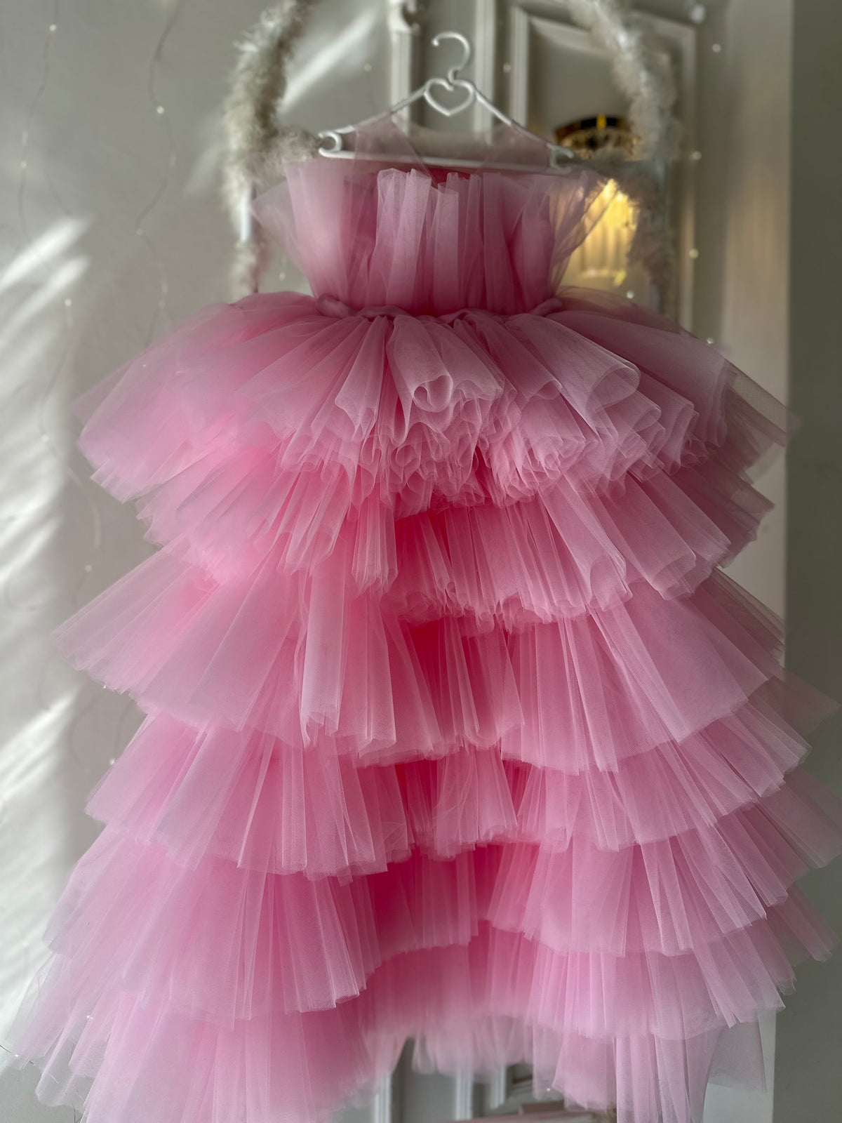 Prenses Kuyruklu Katlı Etek Pembe Bebek Abiyesi