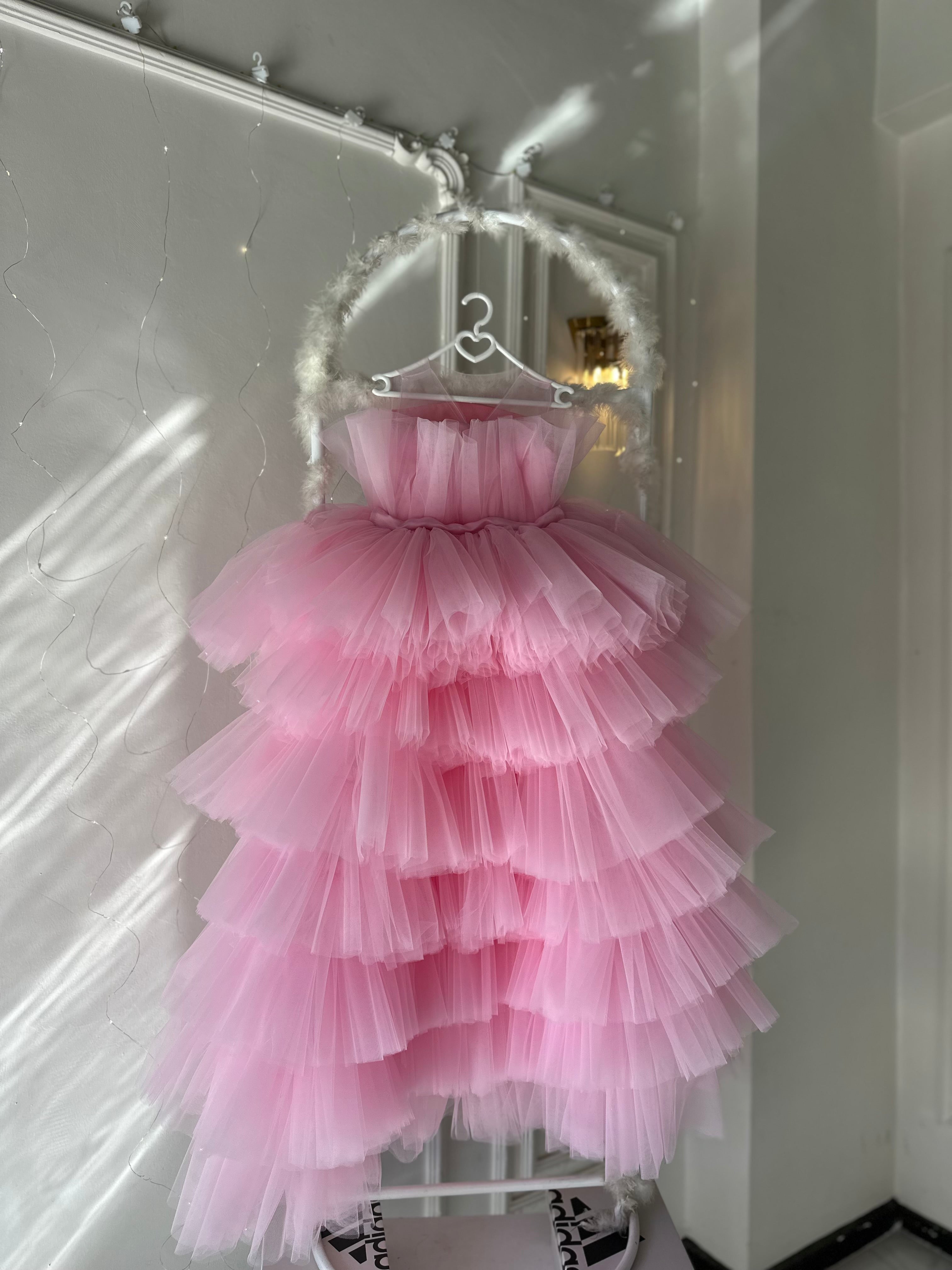 Prenses Kuyruklu Katlı Etek Pembe Bebek Abiyesi