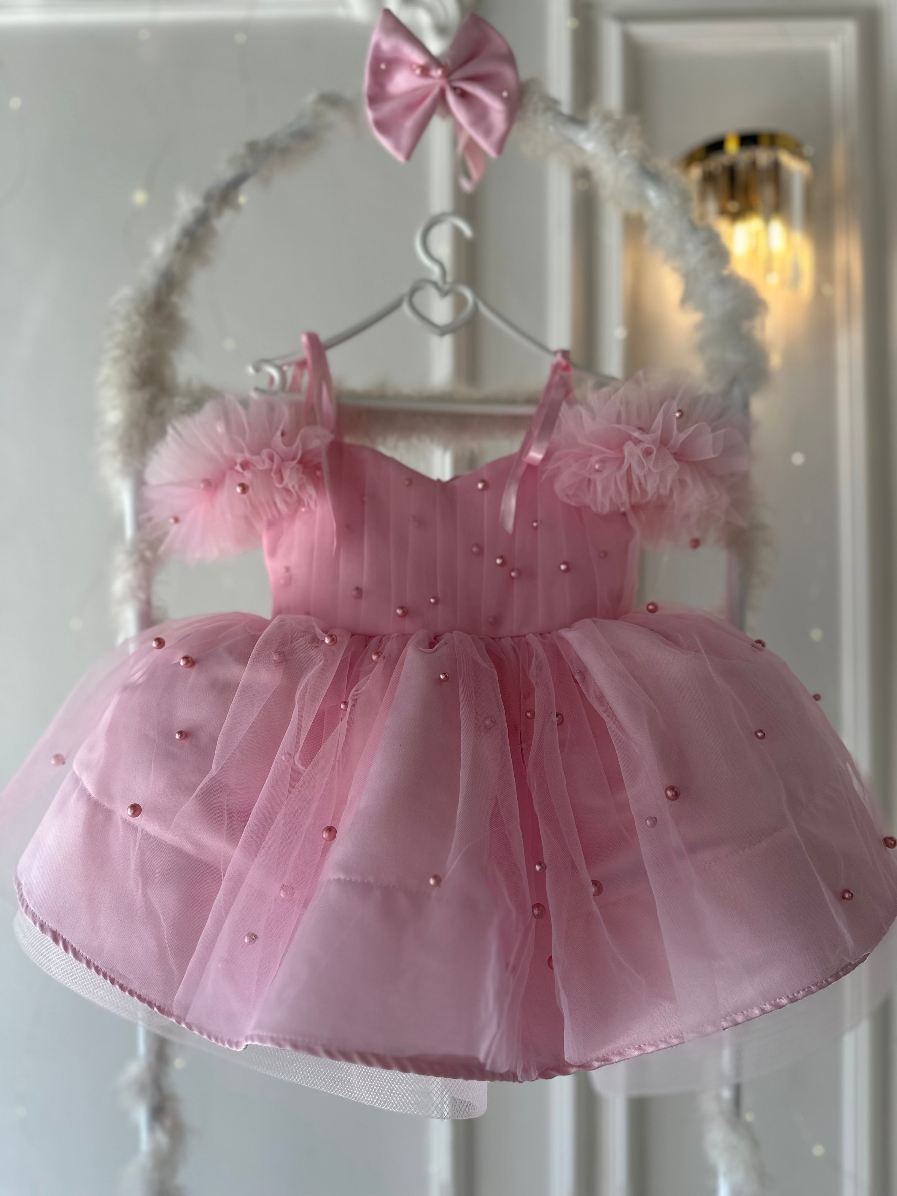 Prenses İnci Tül Askılı Açık Pembe Bebek Abiyesi