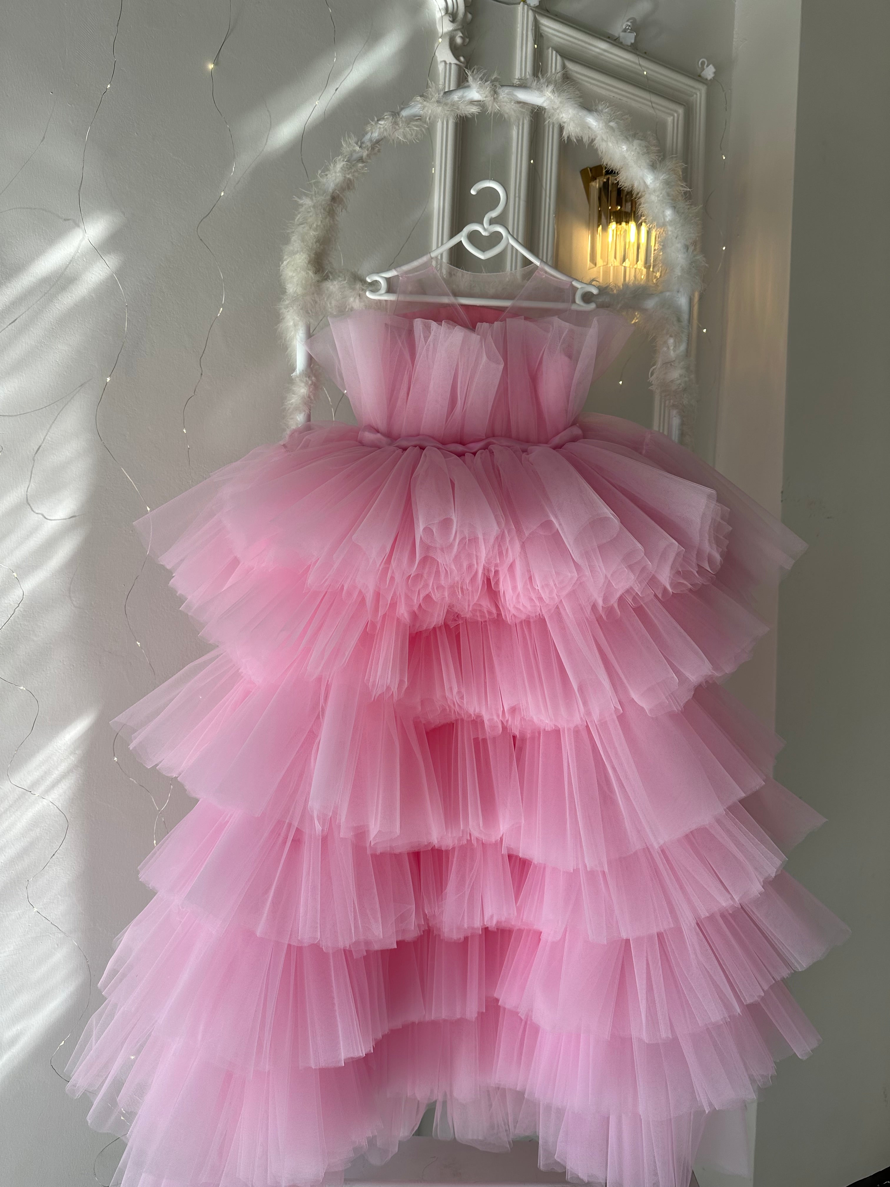 Prenses Kuyruklu Katlı Etek Pembe Bebek Abiyesi