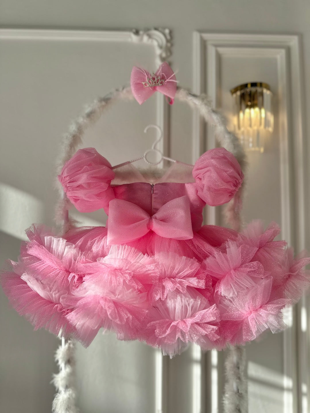 Prenses Taş Detay Simli Tül Balon Kol Açık Pembe Bebek Abiyesi