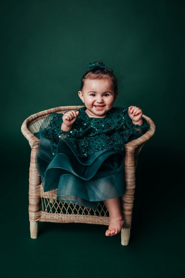 Yeşil Pullu Kurdele Tutu Bebek Düğün Kız Elbisesi
