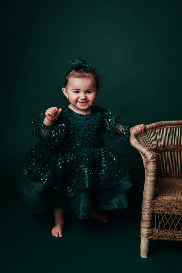 Yeşil Pullu Kurdele Tutu Bebek Düğün Kız Elbisesi
