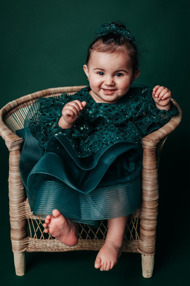 Yeşil Pullu Kurdele Tutu Bebek Düğün Kız Elbisesi